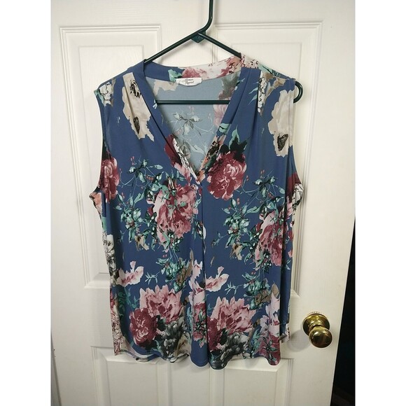 Beacon Top Women 1X  Blue Alicia Pleat Detail Knit Floral VNeck Sleeveless Offic - Picture 1 of 8